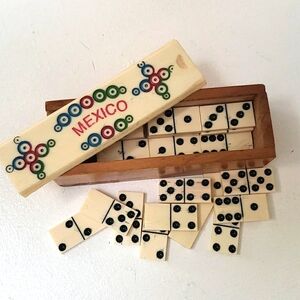 Vtg Handmade Miniature Carved Bone Domino Set Wooden Box Carved Bone Slide Top